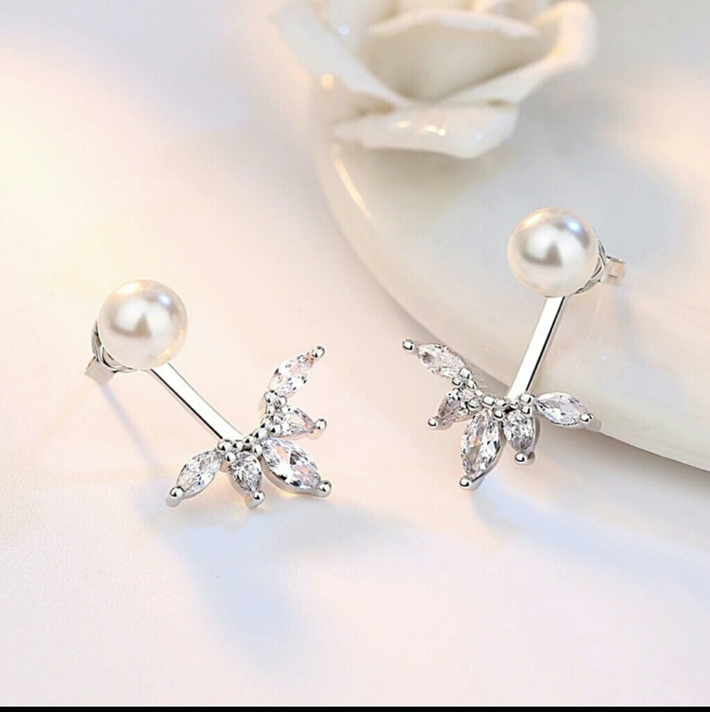 S925 Peacock Pearl Crystal Silver Drop Earrings - Picture 2 of 7
